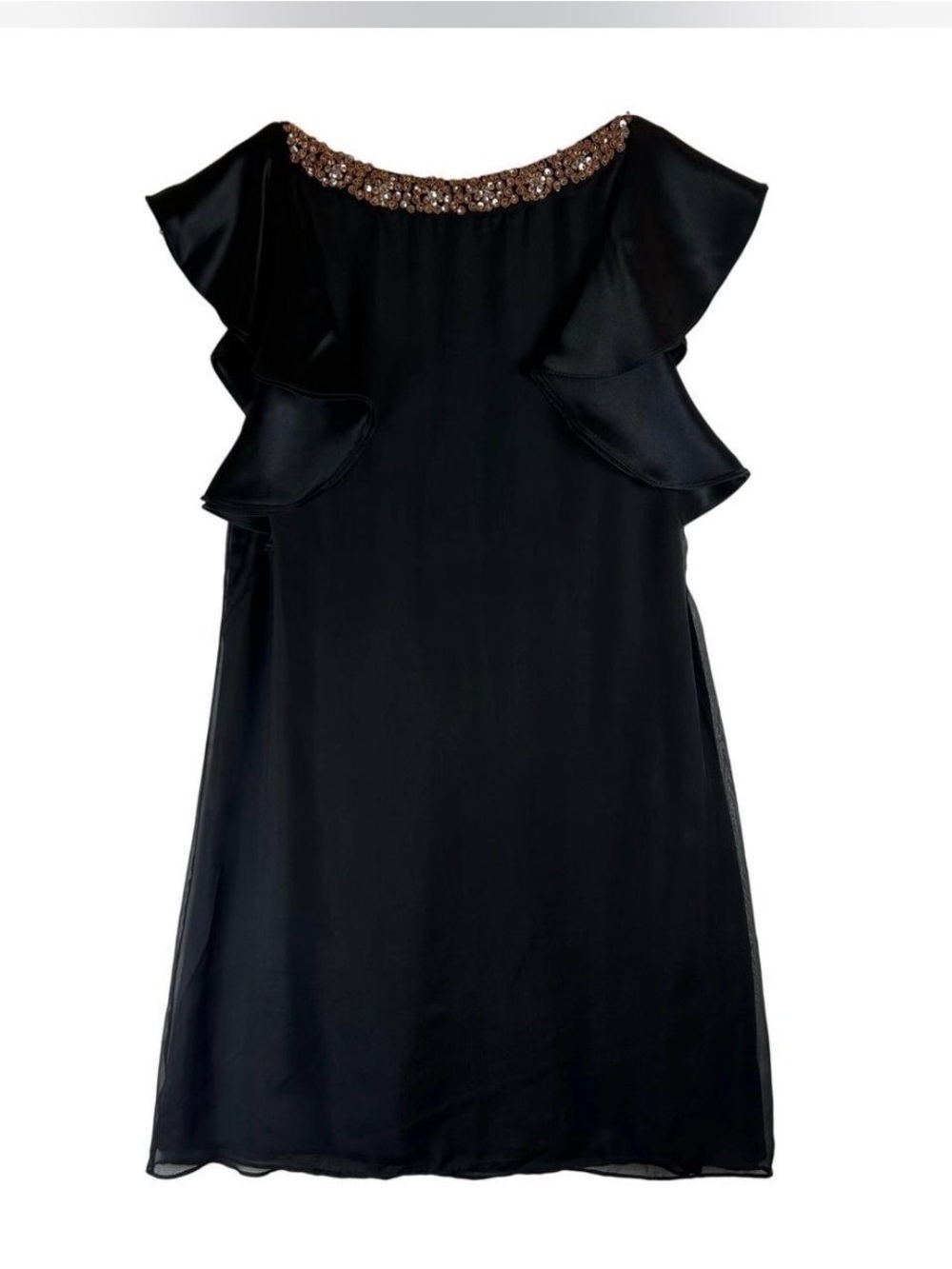 Alice + Olivia Black Ruffle Sleeve Shift Dress with Beaded Neckline 100% Silk